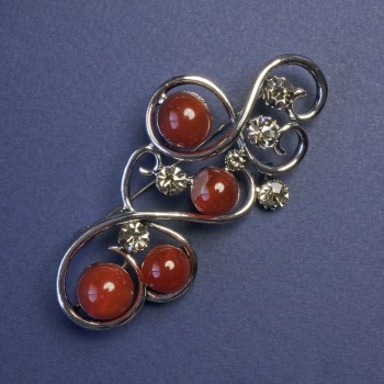 Broche en cornaline et strass gris couleur argent 75×37 mm+
