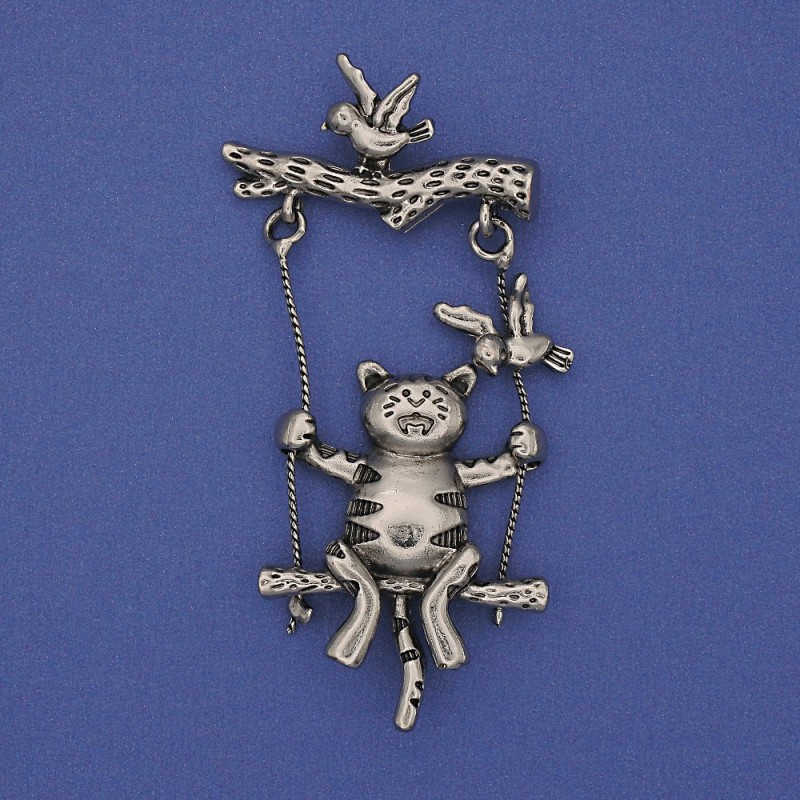 Broche chat argenté en métal 62×33 mm+