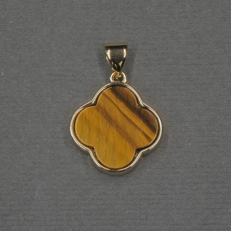 Pendentif trèfle avec œil de tigre, incrustation 16x18x4 mm ± métal doré