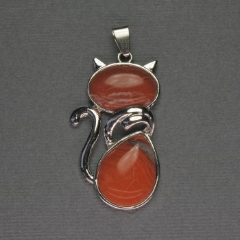 Pendentif Chat en jaspe rouge 25×51 mm +- métal argenté