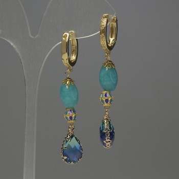 Boucles d'oreilles en aigue-marine – grain d'aigue-marine, diamètre environ 12 mm ±, cloisonné 6 mm ±, cristal monté dans monture 14 × 10 mm ±, longueur environ 58 mm ±