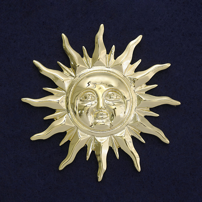 Broche Soleil, métal doré, 68 mm ±, à aimant