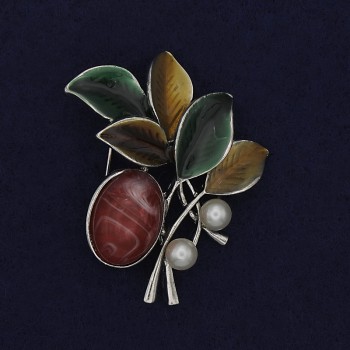 Broche Branche avec cabochon et perles, émail coloré, métal argenté, 48x40 mm+