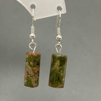 Boucles d'oreilles en unakite (héliotrope) cylindriques, diamètre 8×17 mm, longueur 38 mm+