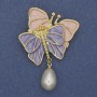 Broche Papillons violet et rose émaillée avec perle sur métal doré 52×37 mm+