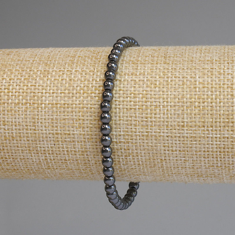 Bracelet en hématite, boules lisses de 4 mm, longueur environ 18 cm, élastique
