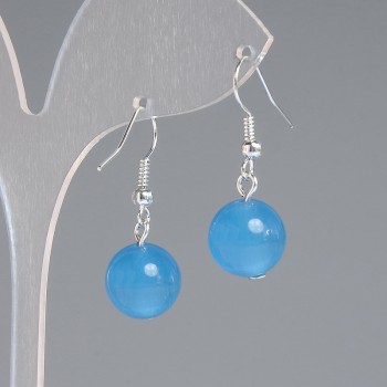 Boucles d'oreilles azur œil-de-chat, boule lisse, diamètre 11,5 mm, longueur environ 30 mm, métal argenté