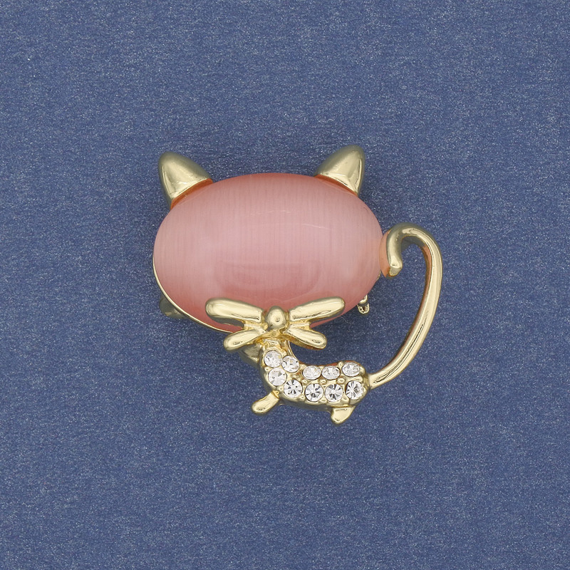 Broche-pendentif Chat avec Œil de chat rose et métal doré 26×27 mm+