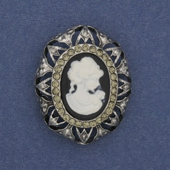 Broche camée Dame, strass, métal argenté, 32×25 mm +