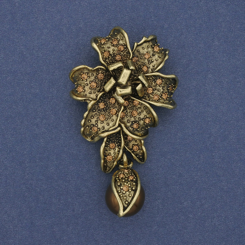 Broche-pendantif Fleur perle et strass, couleur bronze, 60x32 mm+