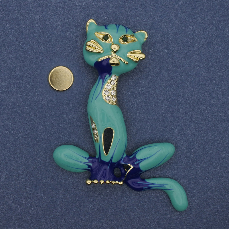 Broche magnétique Chat émaillé et strass métal doré 62 × 56 mm+
