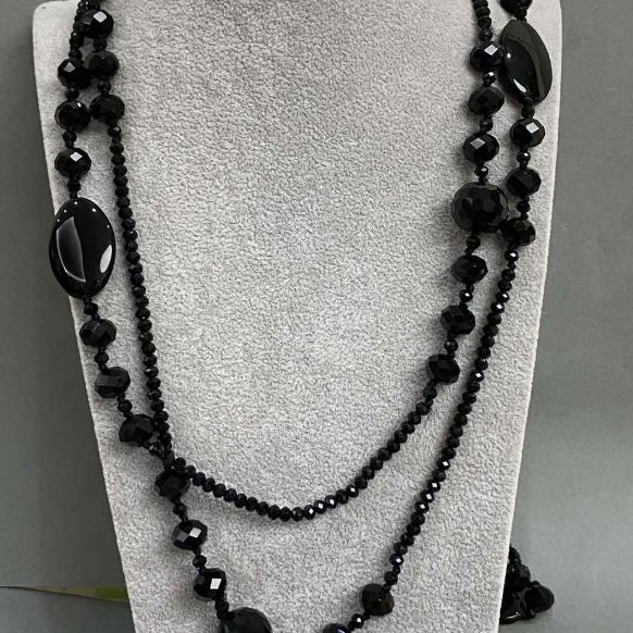 Collier long en agate et cristal tchèque, longueur 164 cm+