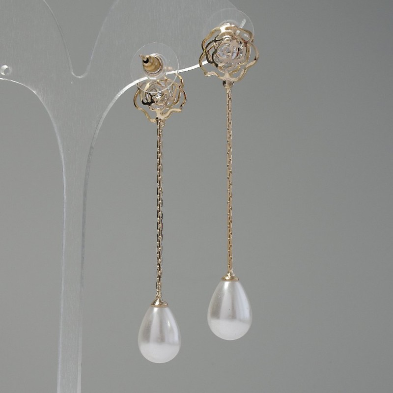 Boucles d'oreilles longues hi-tech «Roses», longueur 7 cm, couleur or
