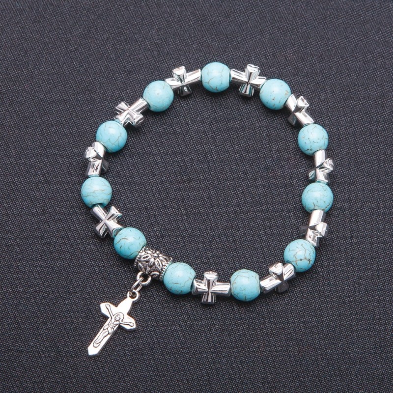 Bracelet turquoise avec pendentif Croix Ø 8 mm