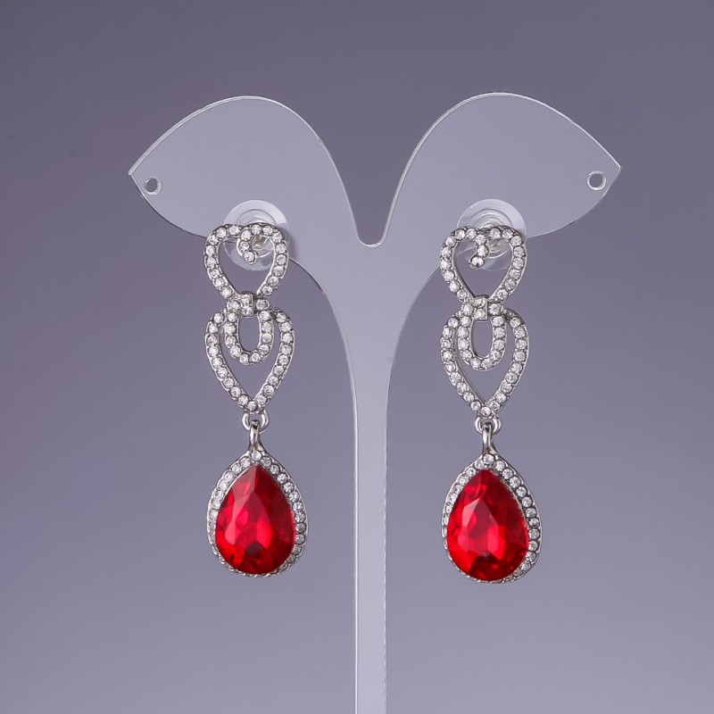 Boucles d'oreilles avec cristaux rouges, longueur 5,5 cm, métal gris