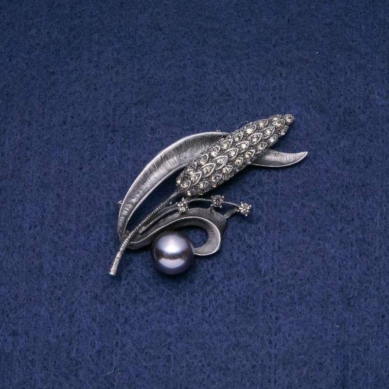Broche-pendentif Épi avec perles noires Majorque 68x30 mm