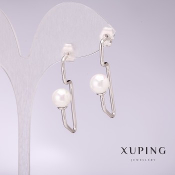 Boucles d'oreilles Xuping avec perles blanches de Majorque 34x8 mm, rhodié