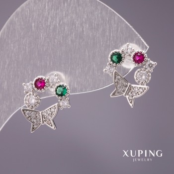 Boucles d'oreilles Xuping puces papillon avec strass blancs, verts et framboise, 13 × 12 mm, rhodié