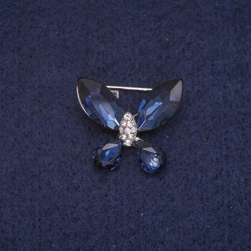 Broche papillon avec cristaux, métal argenté 20x23 mm
