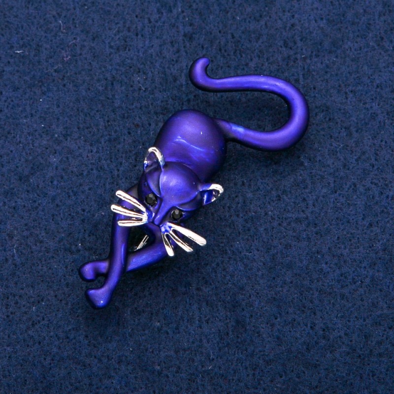 Broche Chaton bleu émail, métal argenté 25x55 mm