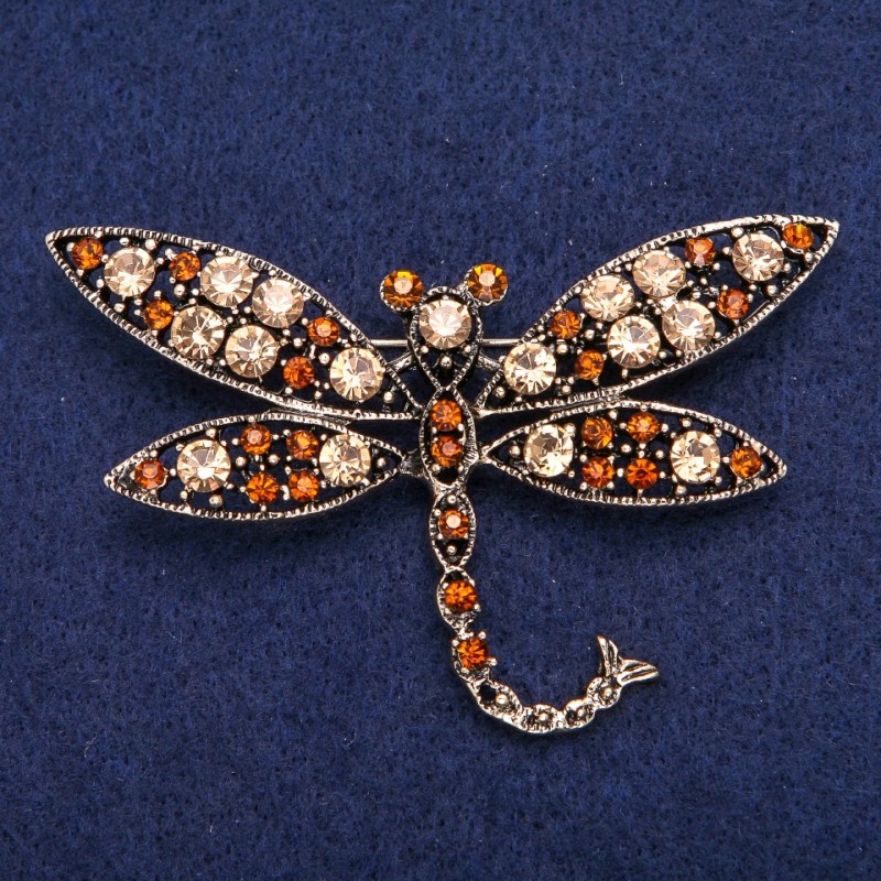 Broche libellule avec cristaux jaunes, métal doré, 45 × 74 mm