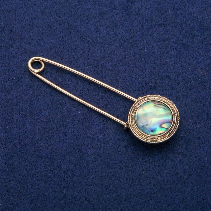 Broche-épingle avec cabochon en haliotis 23×75 mm, métal doré