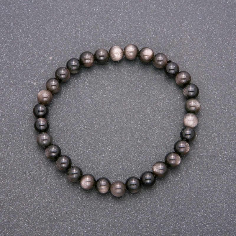 Bracelet en obsidienne argentée sur élastique, boules lisses de 6(±)mm, longueur 18 cm