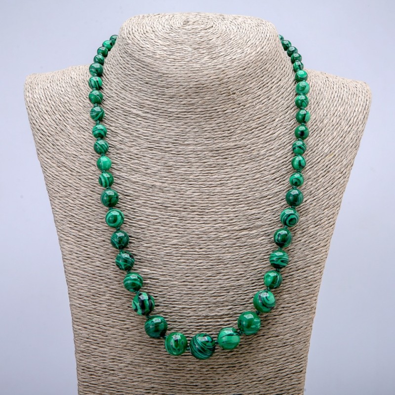 Collier Malachite – billes lisses, allant de 6 à 14 mm, longueur 52 cm+
