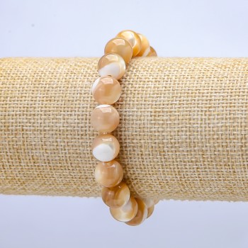 Bracelet élastique en nacre naturelle beige, billes lisses de 10 mm de diamètre, longueur 18 cm ±