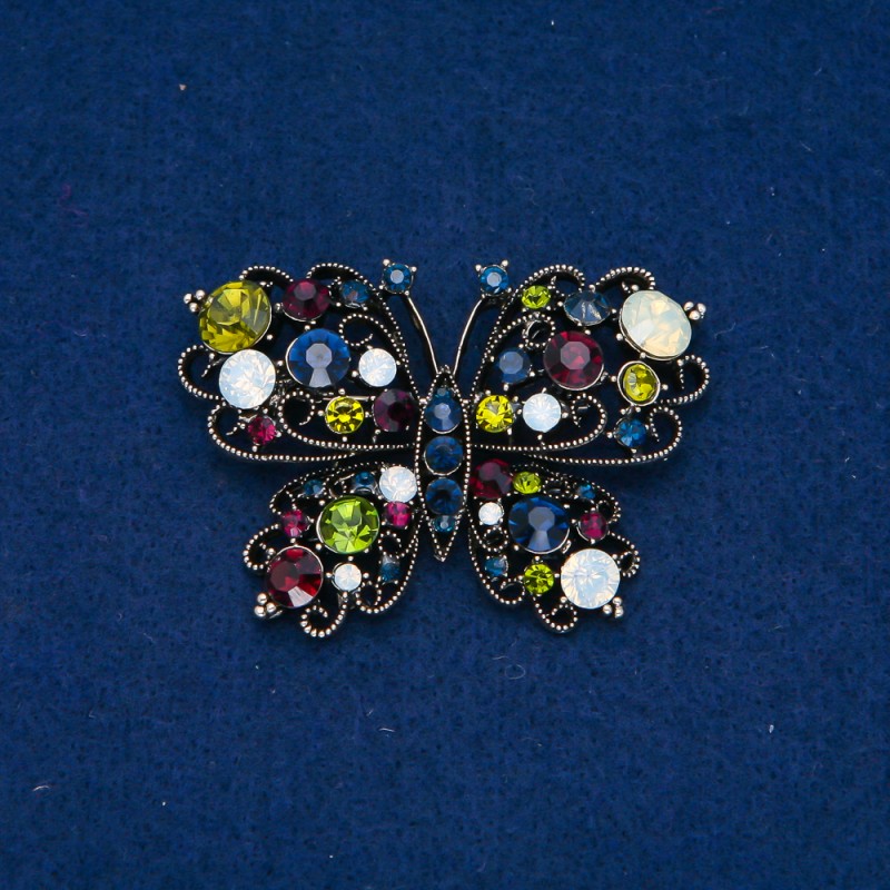 Broche Papillon doré foncé, strass blancs 38×54 mm +