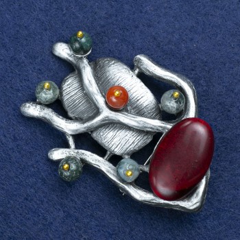 Broche «Branche avec cornaline» argentée 61×42 mm +