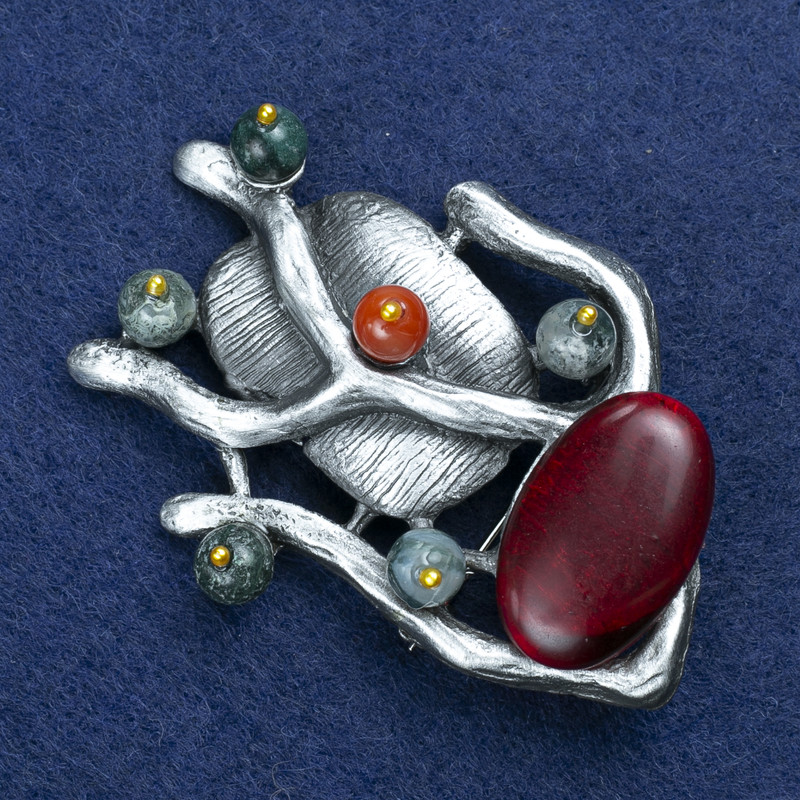 Broche «Branche avec cornaline» argentée 61×42 mm +