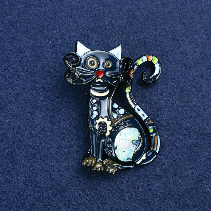 Broche Chaton argenté et émail 47×37 mm +
