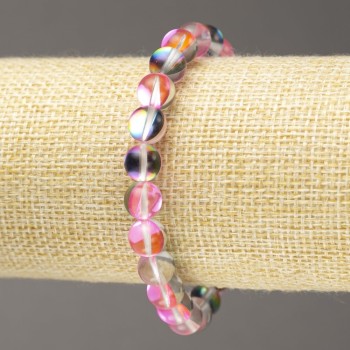 Bracelet élastique en verre opalescent rose, perles rondes et lisses de 8 mm de diamètre, longueur environ 18 cm