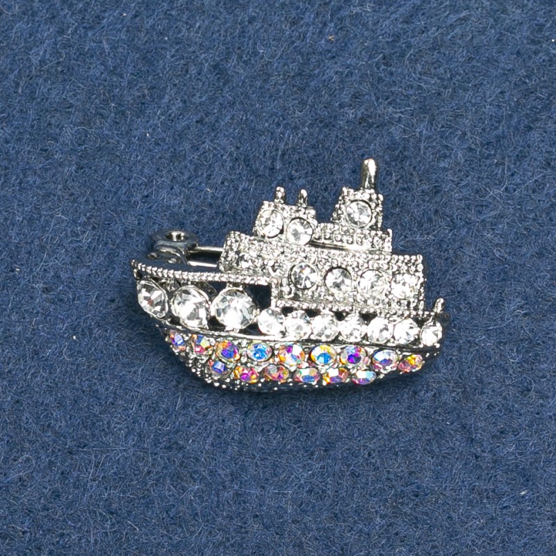 Broche Navire argenté avec strass 20x28 mm +