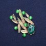 Broche Feuilles avec Œil de chat, émail vert, métal doré 38×53 mm