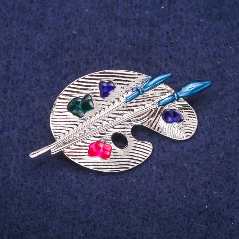 Broche Palette d'émail, métal argenté 26 × 50 mm