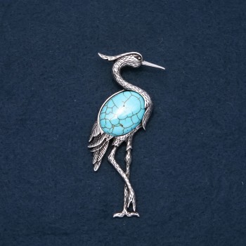 Broche-pendante Héron avec turquoise naturelle 80 × 30 mm