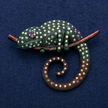 Broche Caméléon avec émail et strass, 60 × 77 mm, métal argenté