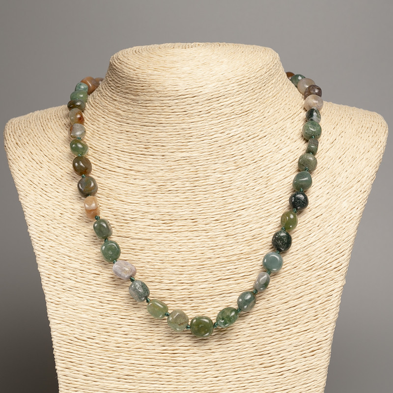 Collier en agate mousse taillée, diamètre 5×8–10 mm ±, longueur 50 cm+