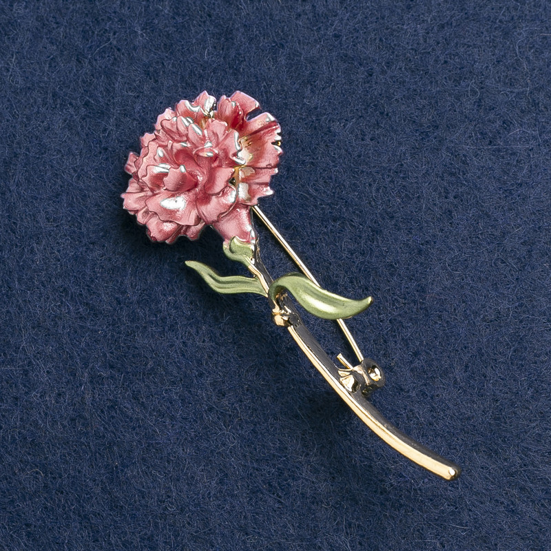 Broche «Fleur Œillet» émaillée rose, métal doré 59×24 mm