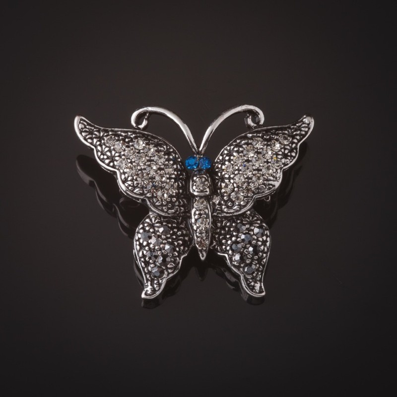 Broche Papillon argentée avec pierres grises et yeux bleus, 3 cm