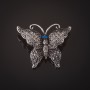 Broche Papillon argentée avec pierres grises et yeux bleus, 3 cm