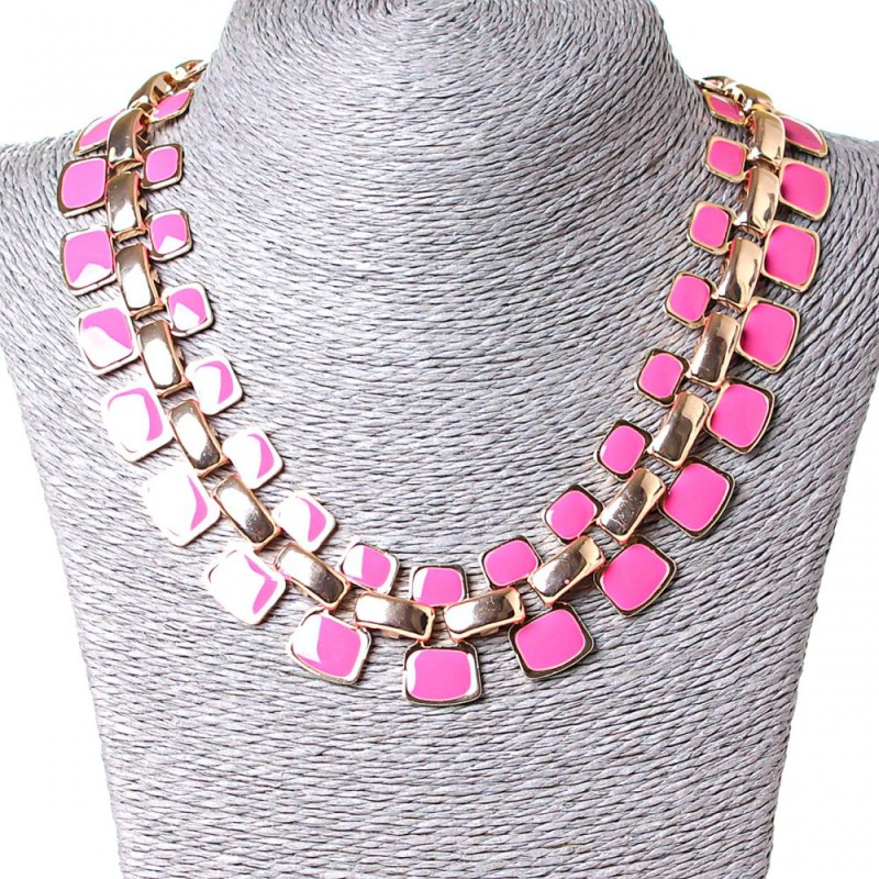 Collier maillons métal doré et émail rose (10-15 mm)