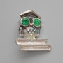 Broche-pendante Hibou gris émaillé et cristaux verts